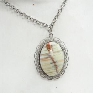 Statement Necklace Pendant Costume Jewelry Polished Stone Silver Tone